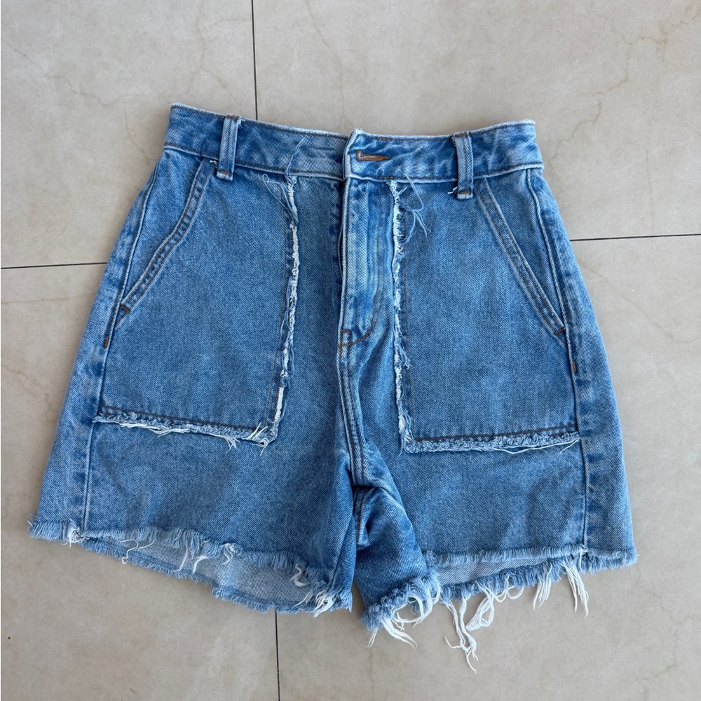 Zara Light Blue High-Rise Denim Shorts with Frayed Hem